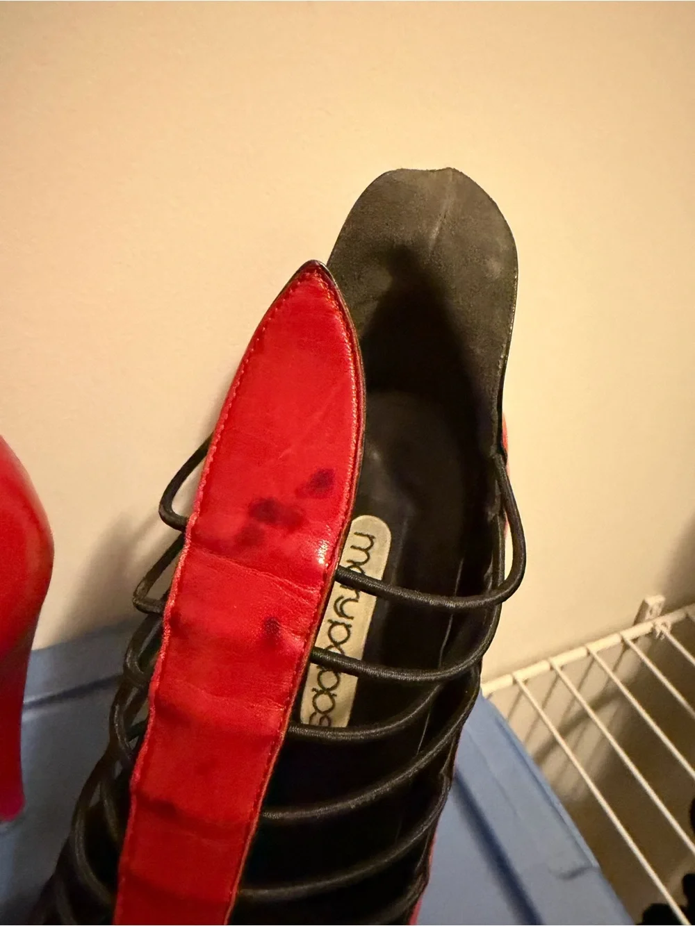 Red Ladder-Strap Pointed-Toe Stiletto Heels